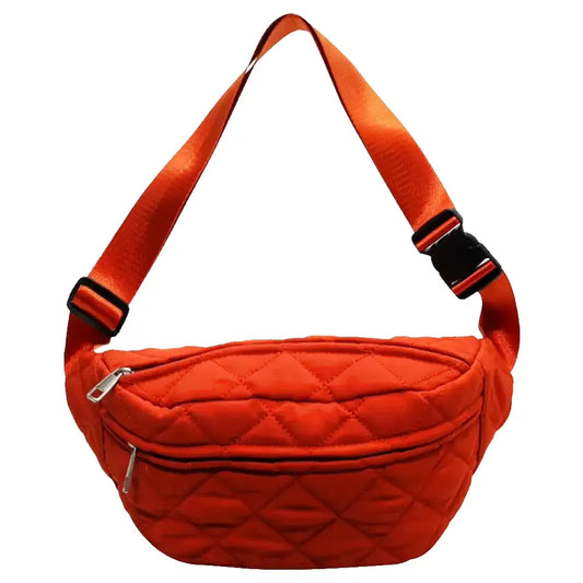 Sacoche banane vintage en toile orange, style rétro avec anse ajustable.