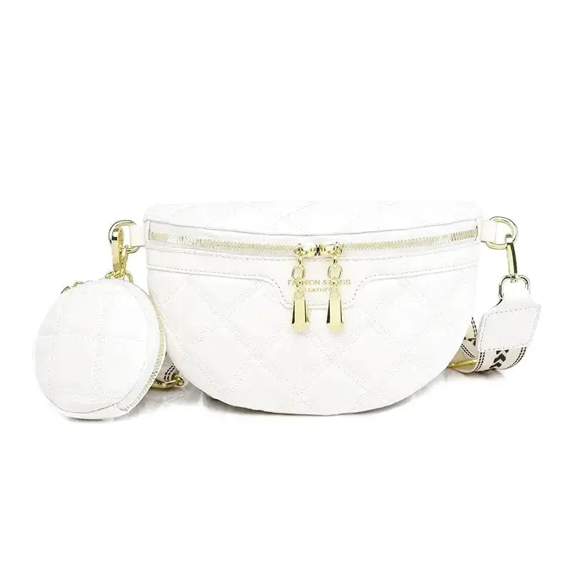 Une sacoche banane lumineuse, d'aspect blanc et épuré. Fermeture à double zip doré. Petit portefeuille rond et blanc fixé à la bandoulière.