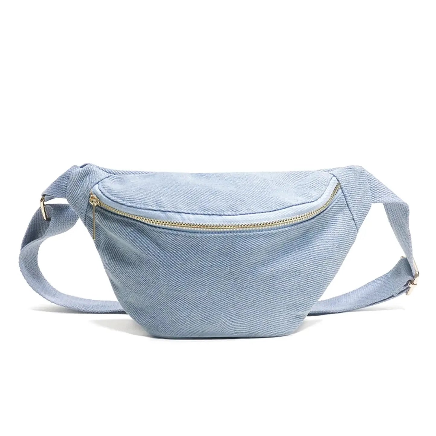 Sacoche banane de couleur bleue ciel. Une poche de rangement principale avec fermeture à zip et bandoulière réglable