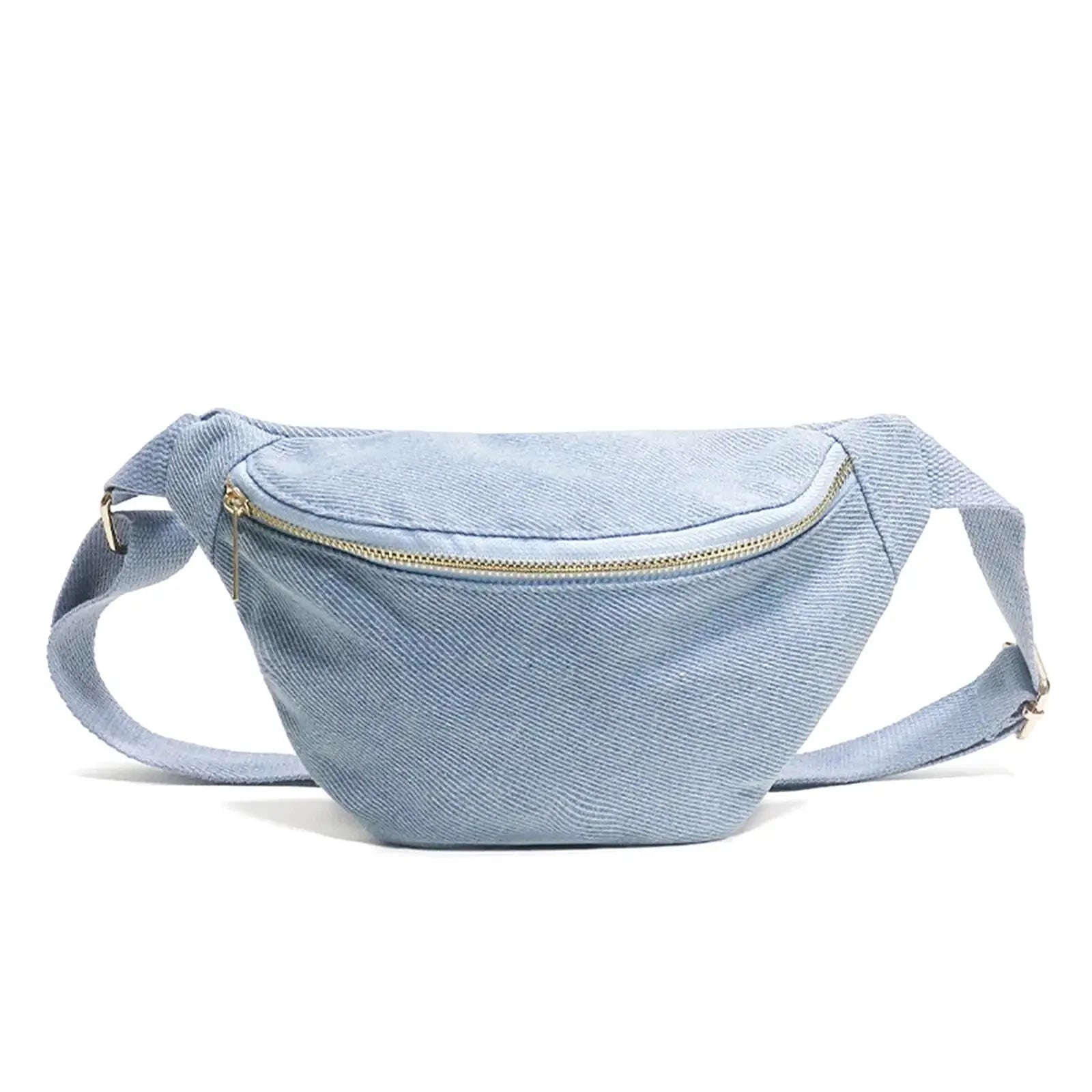 Sacoche banane de couleur bleue ciel. Une poche de rangement principale avec fermeture à zip et bandoulière réglable