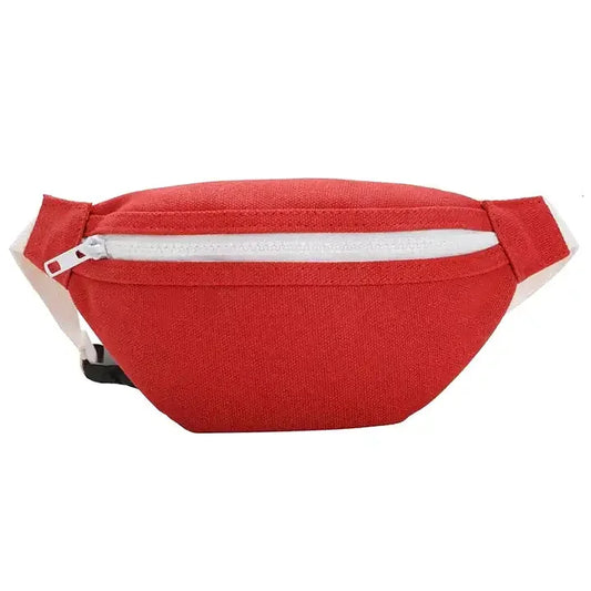 Sacoche Banane enfant. Petite taille couleur rouge, fermeture éclair blanche et sangle ajustable.