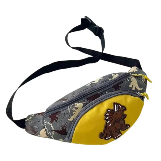 Sacoche Banane pour enfant de couleur grise et jaune imprimé dinosaure. Avec fermeture éclair et sangle ajustable.