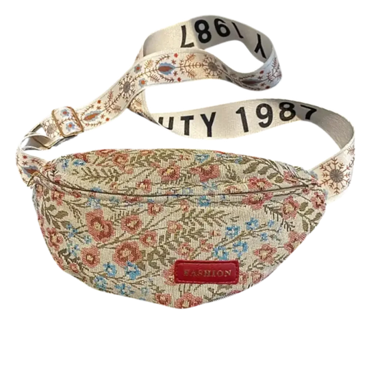 Sacoche Banane Mode fleurie à motifs liberty multicolores avec sangle large et étiquette rouge Fashion.
