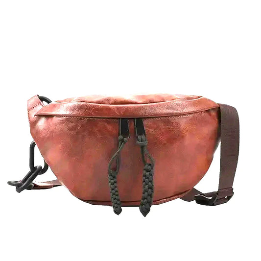 Sacoche Banane Stylée marron vieilli en cuir avec tirettes noires et sangle tressée