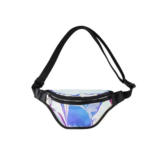 Sacoche Banane Transparente couleur cristal avec fermeture éclair noire et sangle blanche.