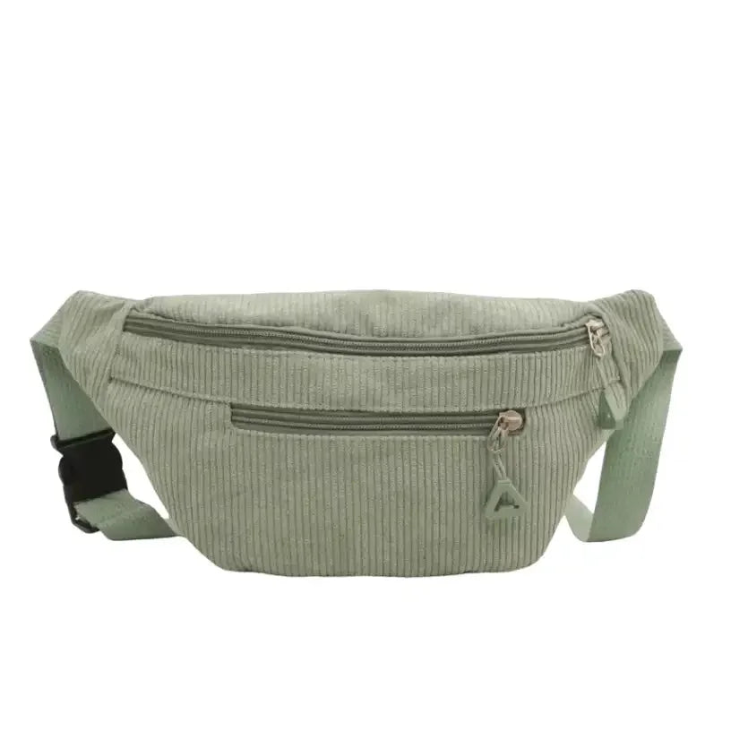 Sacoche Banane vert kaki en velours doux avec fermeture éclair kaki et sangle ajustable.
