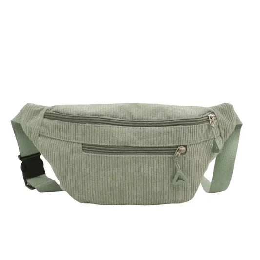 Sacoche Banane vert kaki en velours doux avec fermeture éclair kaki et sangle ajustable.